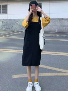 素色前口袋牛仔背帶裙不帶T恤 - 黑色 - 查看 1
