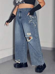 ROMWE Grunge Punk Quần Denim kích thước lớn Túi Hem thô Bị tách Hình học - Rửa trung bình - Xem 5