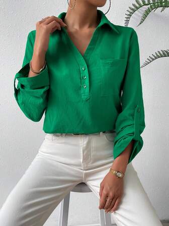 SHEIN Privé 捲邊袖口袋貼布半排扣襯衫