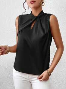 SHEIN Privé Twist Front Keyhole Neckline Satin Blouse - Black - View 3