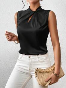 SHEIN Privé Twist Front Keyhole Neckline Satin Blouse - Black - View 4