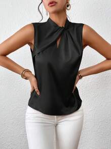 SHEIN Privé Twist Front Keyhole Neckline Satin Blouse - Black - View 6