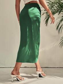 SHEIN Privé 側邊扭結圍裹緞面半身裙 - 綠色 - 查看 2