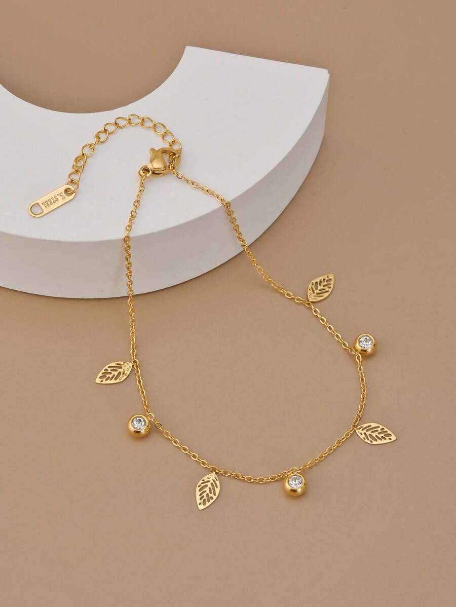 1 件女士不锈钢镂空叶水晶脚链，时尚沙滩脚饰品 - 金黃色 - 查看 1