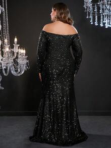 Faeriesty Elegantes langes Abendkleid mit Glitzerapplikationen, Off-Shoulder Ausschnitt, Schlitz am Oberschenkel, schwarze Farbe, lange Ärmel, für Abschlussball, Dinner, Hochzeitsgast