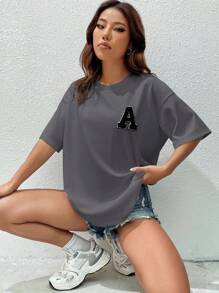 SHEIN EZwear 字母貼布落肩T恤 - 灰色 - 查看 4