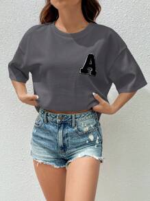 SHEIN EZwear 字母貼布落肩T恤 - 灰色 - 查看 7