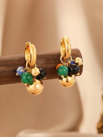 1對時尚天然水晶珠子裝飾耳環適合女士日常裝飾