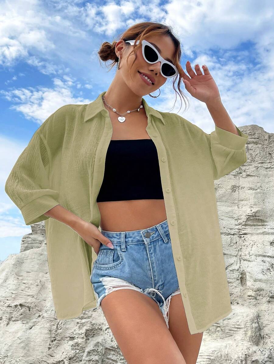 SHEIN EZwear Solid Drop Shoulder Button Front Shirt - Lime Green - View 1