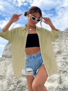 SHEIN EZwear Solid Drop Shoulder Button Front Shirt - Lime Green - View 3