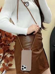 Plain Anti-fall Phone Case With Lanyard Compatible With iPhone15/15Plus/15Pro/15Promax - Coffee Brown - View 2
