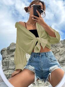 SHEIN EZwear Solid Drop Shoulder Button Front Shirt - Lime Green - View 5