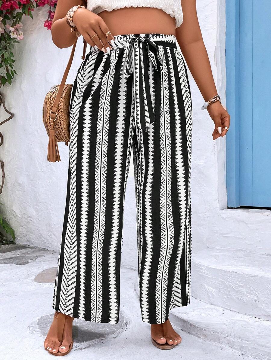 Breezaya Plus Geo Print Belted Wide Leg Pants