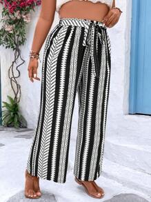 Breezaya Plus Geo Print Belted Wide Leg Pants