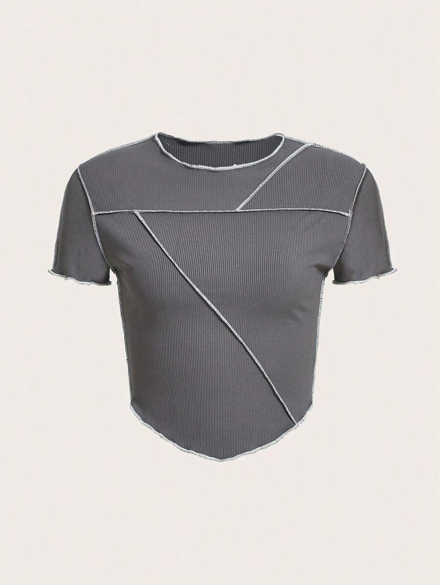 SHEIN ICON 頂針手帕下擺T恤 - 灰色 - 查看 1