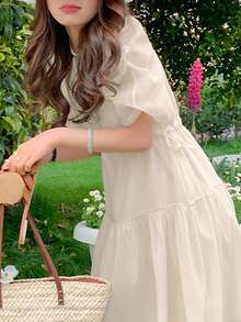 Vestido smock unicolor con cordón de manga farol - Albaricoque - Ver 3