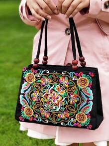 Yogodlns 时尚花卉刺绣手提包，拉链帆布包，女士时尚钱包，母亲节礼物，刺绣手拿包，花卉面料化妆包，女士美观零钱包，女士精美花卉包 - 彩色 - 查看 2