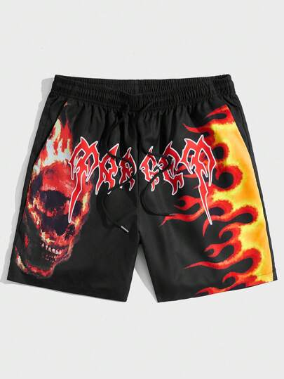 Street Life Guys Skull & Fire Print Drawstring Waist Shorts