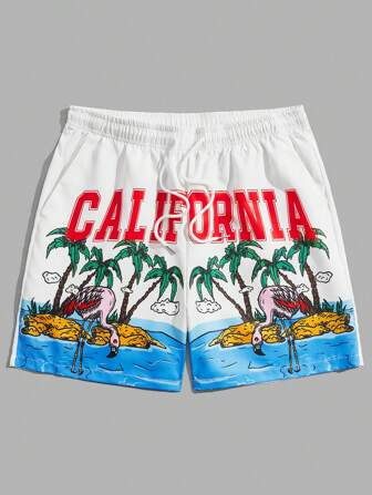 ROMWE Street Life Men Letter & Palm Tree Print Drawstring Waist Shorts