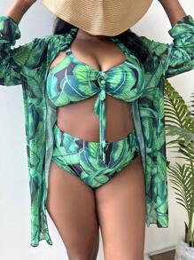 SHEIN Slayr 大尺寸熱帶印花連結前扣比基尼套裝，附帶和服，適用於夏季沙灘