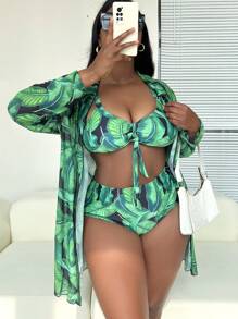 SHEIN Slayr 大尺寸熱帶印花連結前扣比基尼套裝，附帶和服，適用於夏季沙灘