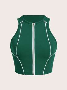 SHEIN ICON 拉鏈開襟撞色滾邊背心上衣 - 墨綠色 - 查看 1