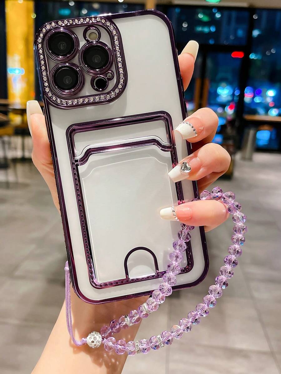 水鑽裝飾手機殼帶插卡槽和手機掛繩 - 紫色 - 查看 1