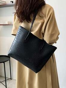 Crocodile Embossed Shoulder Tote Bag - Black - View 1