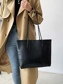 Crocodile Embossed Shoulder Tote Bag - Black - View 2