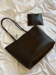 Crocodile Embossed Shoulder Tote Bag - Black - View 3