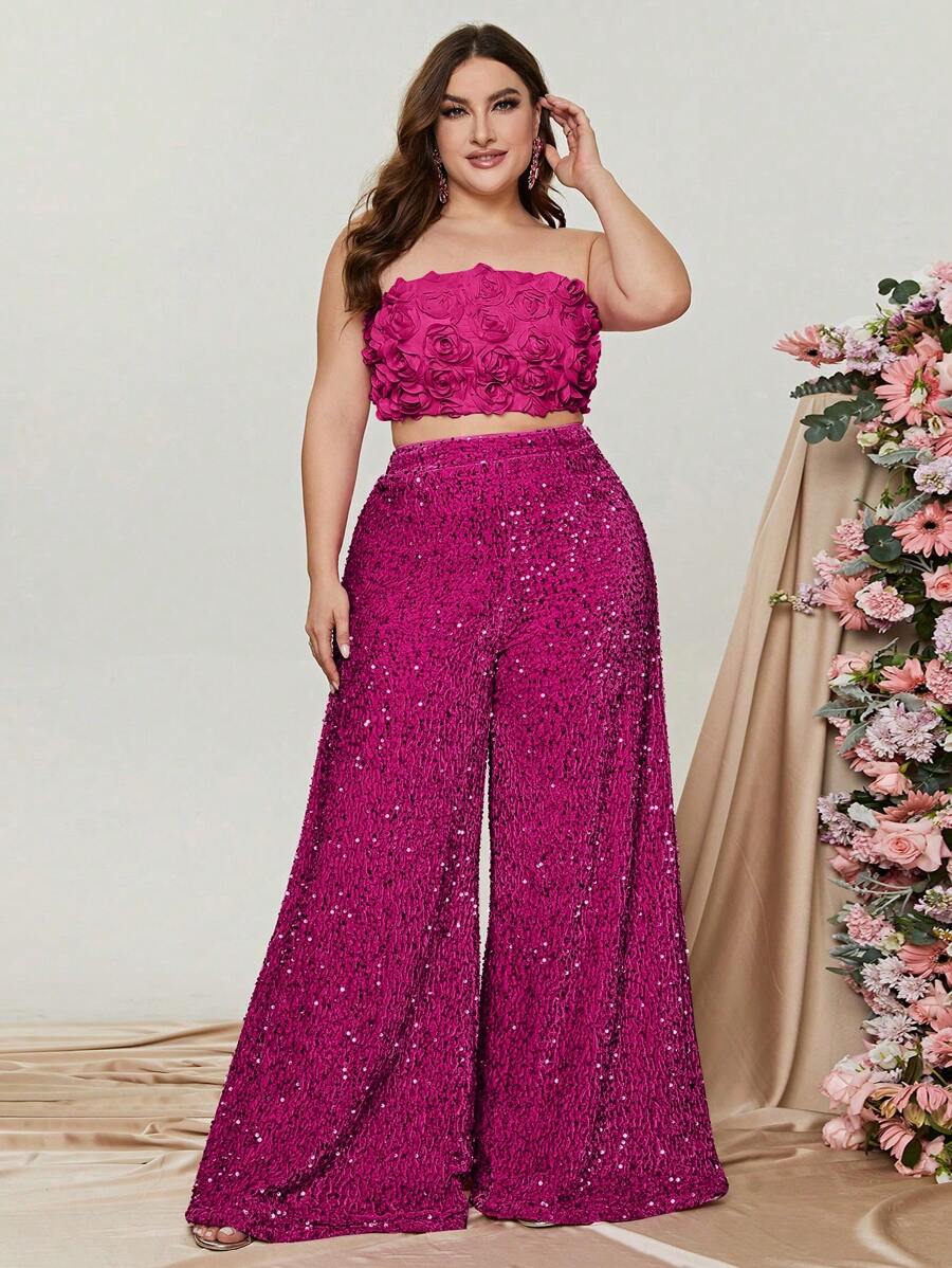 Plus Tube Top & Wide Leg Trousers - Hot Pink - View 1