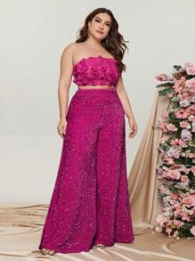Plus Tube Top & Wide Leg Trousers - Hot Pink - View 3