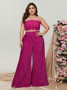 Plus Tube Top & Wide Leg Trousers - Hot Pink - View 4