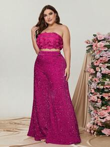 Plus Tube Top & Wide Leg Trousers - Hot Pink - View 5