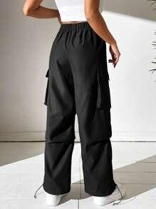 SHEIN PETITE Flap Pocket Side Drawstring Hem Cargo Dress Pants - Black - View 2