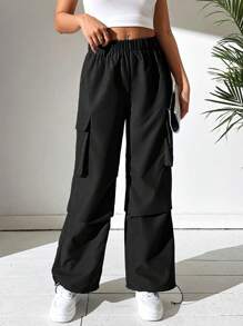 SHEIN PETITE Flap Pocket Side Drawstring Hem Cargo Dress Pants - Black - View 6