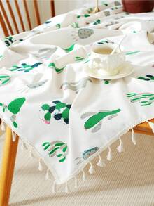 1入組滌綸桌布現代仙人掌圖案流蘇裝飾長方形桌布 - 彩色 - 查看 2