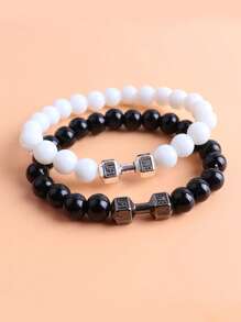 2pcs/set Fashion Glass Dumbbell Decor Beaded Bracelet For Couple For Daily Decoration - Multicolor - View 1