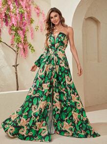 YISIKADO Chinese Dragon & Tropical Print Split Thigh Dress - Multicolor - View 1