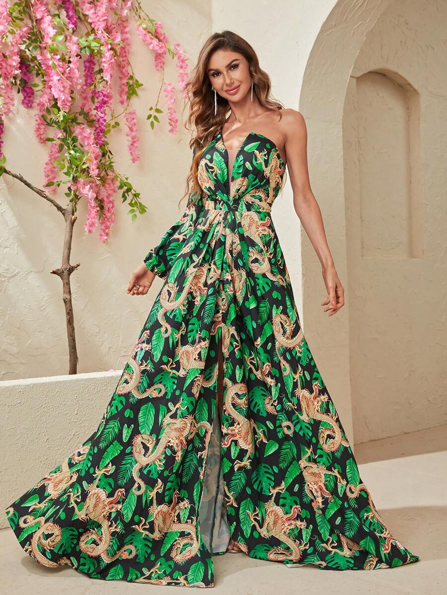 YISIKADO Chinese Dragon & Tropical Print Split Thigh Dress - Multicolor - View 1