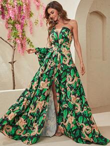 YISIKADO Chinese Dragon & Tropical Print Split Thigh Dress - Multicolor - View 3