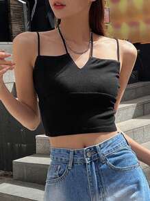 DAZY Áo khoác và áo lót dành cho xe tăng nữ Lộ Lưng Buộc lại màu trơn Giải trí - màu đen - Xem 6