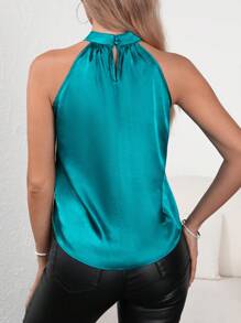 SHEIN Clasi Solid Halter Neck Satin Top - Teal Blue - View 2