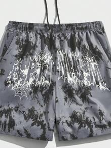ROMWE MEN Street Life Guys Tie Dye Letter Print Drawstring Waist Shorts - Grey - View 3