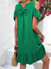 SHEIN VCAY Cold Shoulder Bow Back Ruffle Hem Dress - Green - View 1