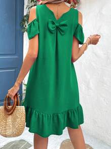 SHEIN VCAY Cold Shoulder Bow Back Ruffle Hem Dress - Green - View 2