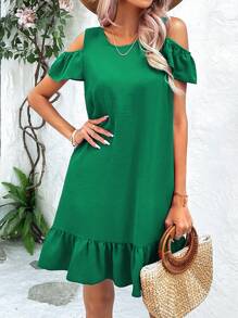 SHEIN VCAY Cold Shoulder Bow Back Ruffle Hem Dress - Green - View 5