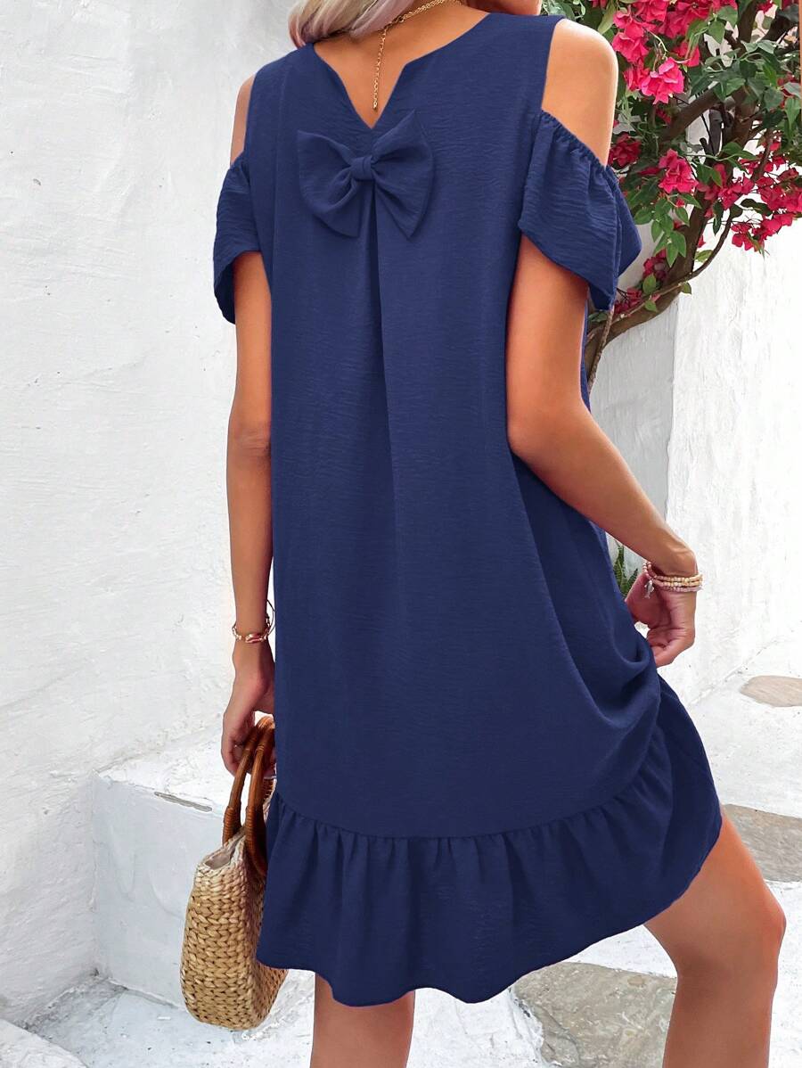 SHEIN LUNE Cold Shoulder Bow Back Ruffle Hem Dress