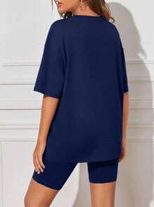 SHEIN Essnce 字母圖案T恤和機車短褲 - 藍色 - 查看 2