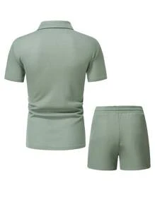 Manfinity Homme Hombres Camisa polo con parche de letra & Shorts de cintura con cordón - verde menta - Ver 2